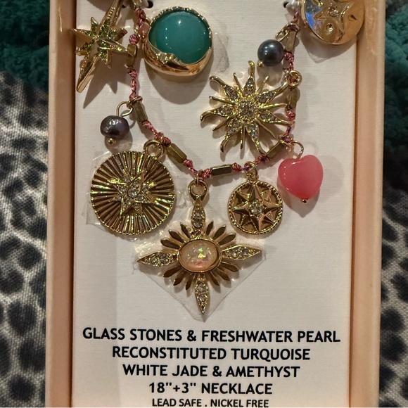 Camila Coelho Gold Pink Pearl Jade Turquoise Amethyst Charm Necklace NWT - Picture 13 of 14